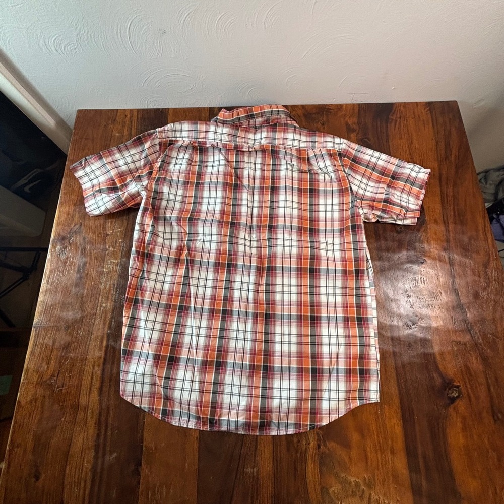 Eddie Bauer Mens M Classic Fit Short Sleeve Plaid Button Up Shirt Orange Red - Picture 2 of 8